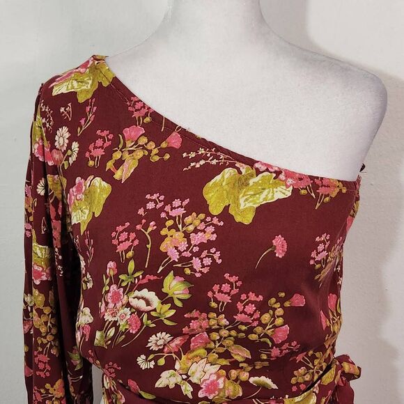 Rachel Roy Burgundy Floral Cropped One Shoulder Top NWT Size XS Floral Top - Picture 2 of 8